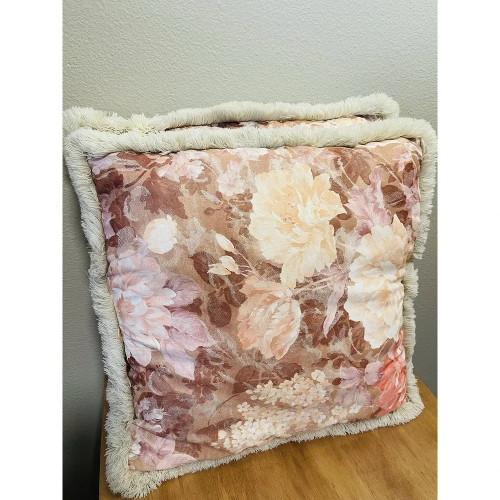 Vintage Peony Floral Jacquard Tapestry Fringe Pillows Beige Multi Cottage Granny